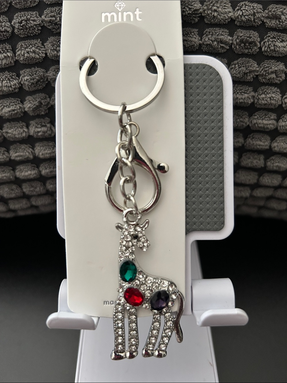 Mint Silver Giraffe Keychain with Green, Red and Purple Gems